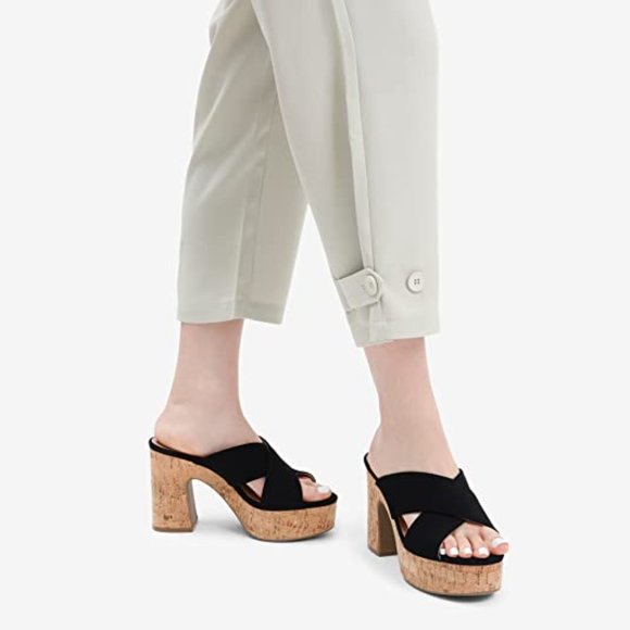 Black Open Toe Slip on Chunky Block Wedges Sandals Platform Heels - Picture 5 of 8